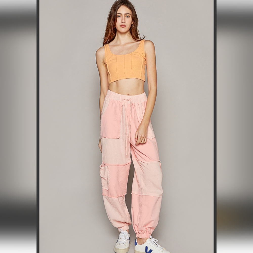 NEW 🌸 POL Pink Colorblock Fench Terry And Guaze Joggers - Picture 2 of 4